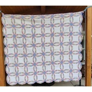Vintage Double Wedding Ring Quilt Full Queen Floral Handmade Pastel